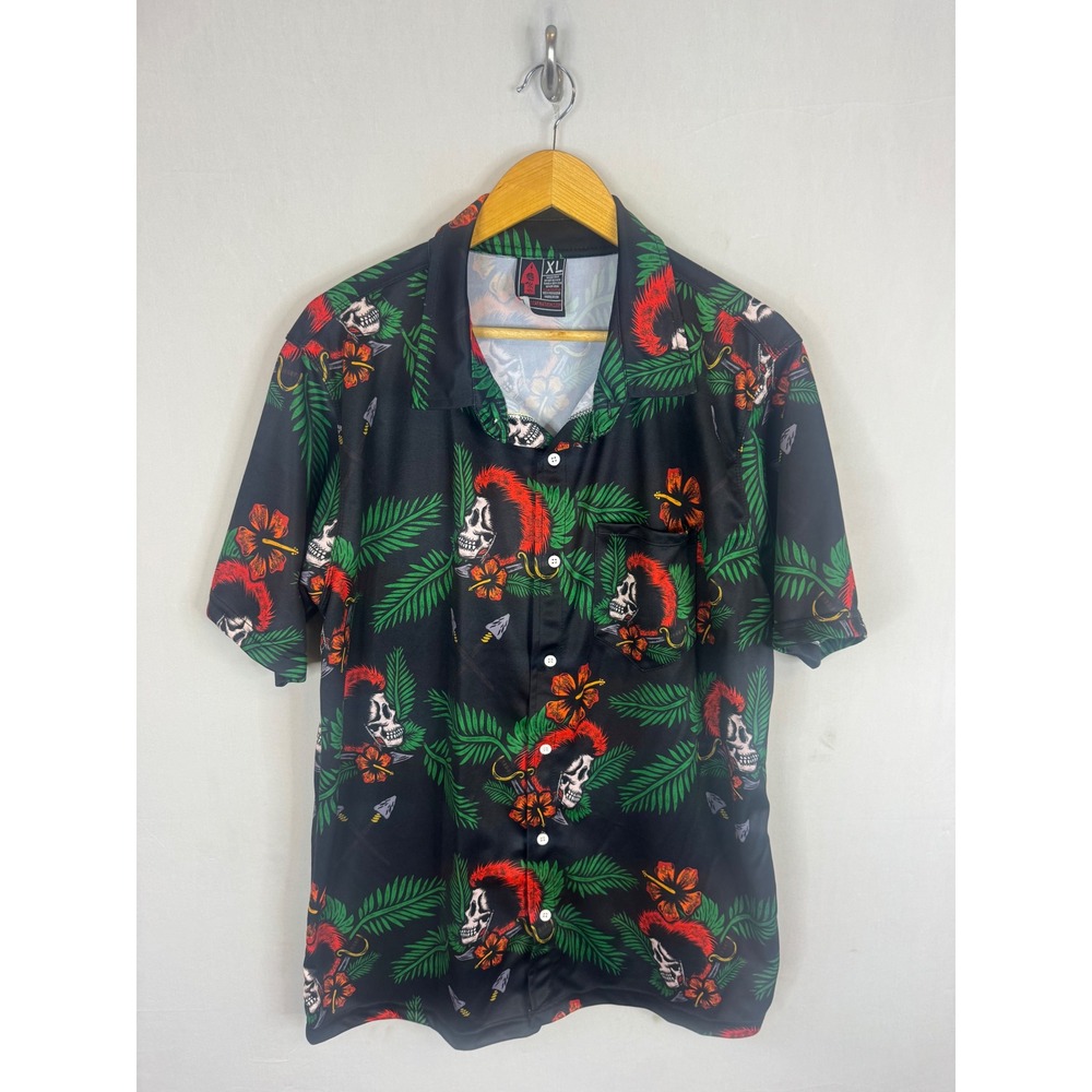 OAF Nation Mens XL Tropical Skull Mohawk Button Down Shirt Black Floral Hibiscus